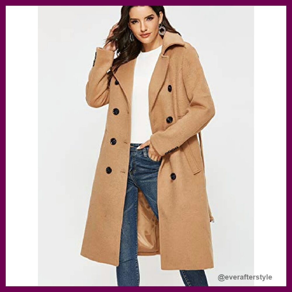 Wool Pea Coat Double Breasted Trench Classic Elegant Winter Long Coat - Picture 5 of 8